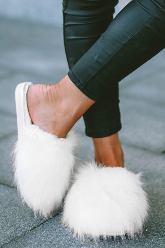 White Fuzzy Round Toe Slippers