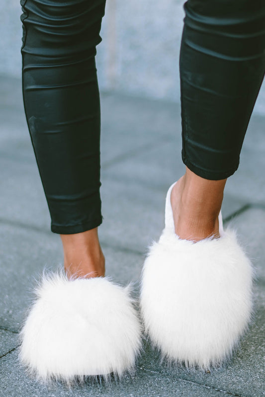White Fuzzy Round Toe Slippers