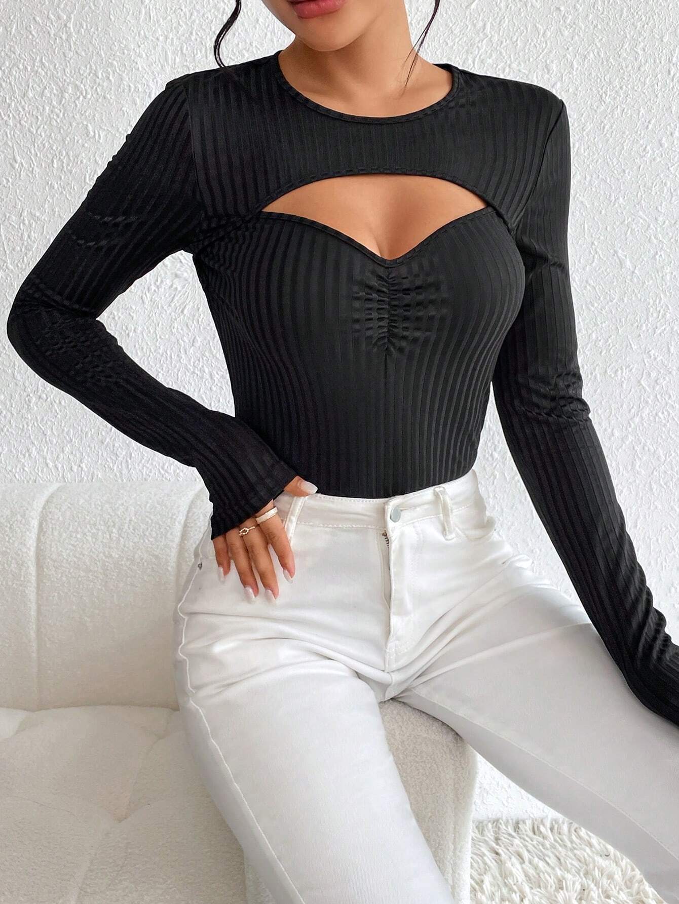 Hollow Out Knit Threaded Top